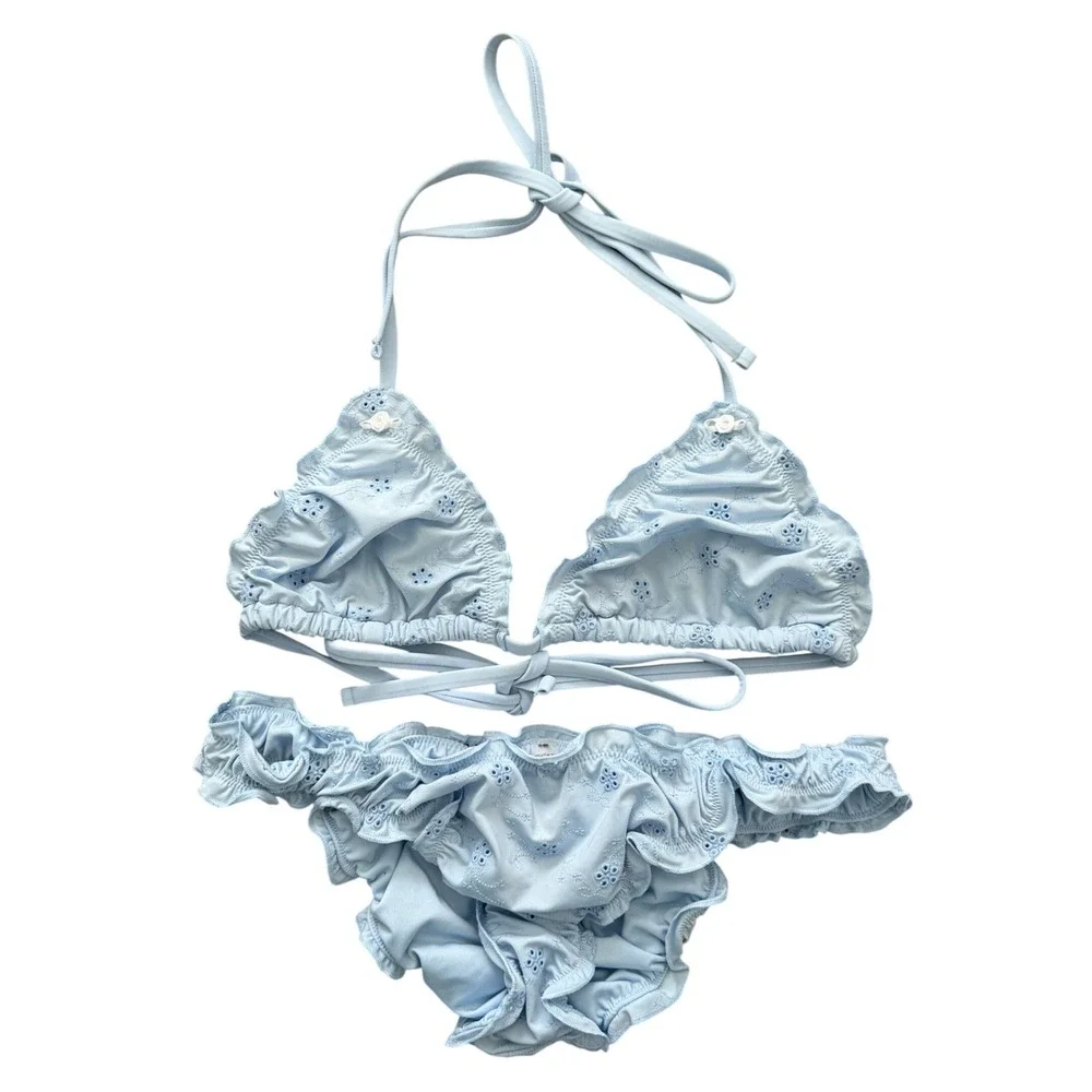 Victoria's Secret PINK x Frankies Bikinis Blue Eyelet Ruffle Set M Beach Resort